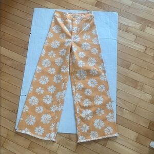 BILLABONG FREE FALL FLORAL PRINT PANT HIGH RISE WIDE LEG PEACH & CREME SIZE 25